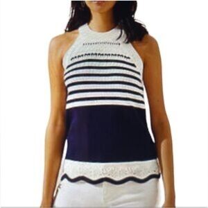 Navy and White Scalloped Edge Sweater Halter Style Tank Size Petite Small EUC